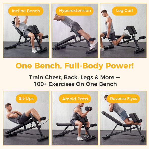 CONCETTA Multi-Functional FID Weight Bench for Full All-in-One Body Workout – Hyper Back Extension, Roman Chair, Adjustable Ab Sit-up Bench, Incline/Decline Bench, Flat Bench