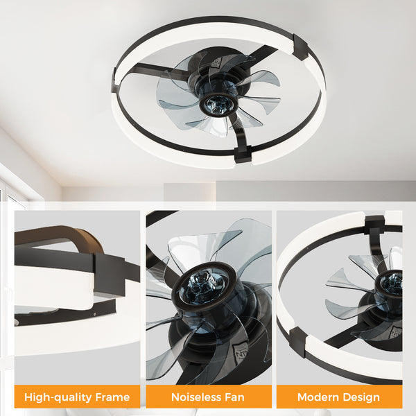 SHOUFTW Ceiling Fan, Caged Ceiling Fans with Lights, Farmhouse Low Profile Fandelier with Remote, Flush Mount for Bedroom, Living Room, Kitchen, 6 Wind Speeds