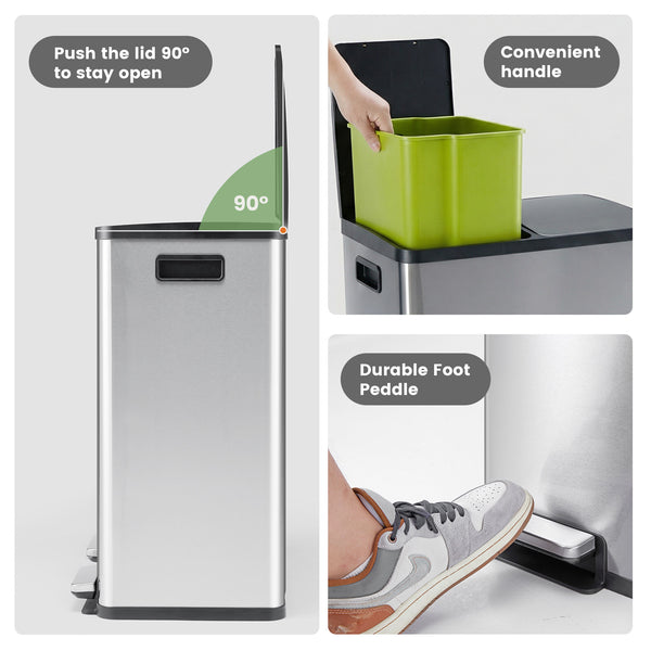 CONCETTA Kitchen Stainless Steel Waste Bin with Lid with Soft-Close Foot Pedal and Removable Inner Bin for Bathrooms, Bedrooms and Home Offices