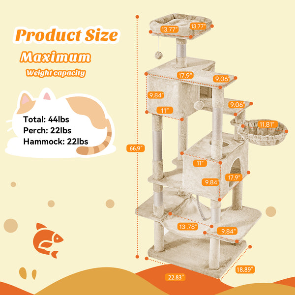 CONCETTA 66in Multi Level Cat Tree Tower,Cat Scratching Posts with Large Top Perch and Hammock, Beige