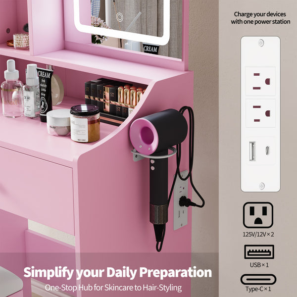 CONCETTA Vanity Desk with Mirror and Lights, Makeup Vanity Table with Hair Dryer & Power Outlet, Dressing Table for Bedroom