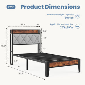 CONCETTA Twin Size Heavy Duty Metal Bed Frame, Storage Headboard with Charging Station, Noise Free, No Spring Box Required, 800lbs Capacity