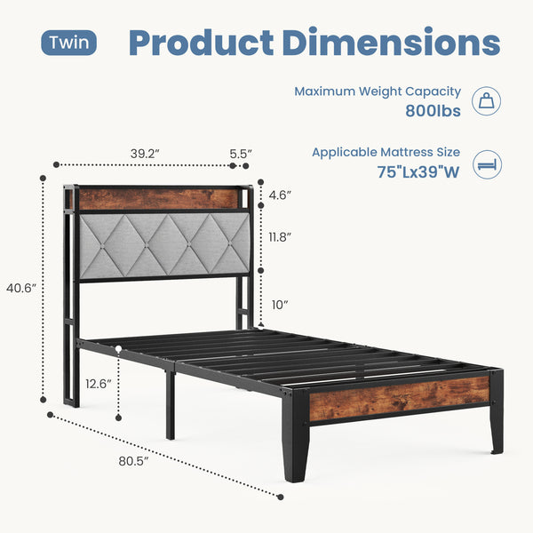 CONCETTA Twin Size Heavy Duty Metal Bed Frame, Storage Headboard with Charging Station, Noise Free, No Spring Box Required, 800lbs Capacity