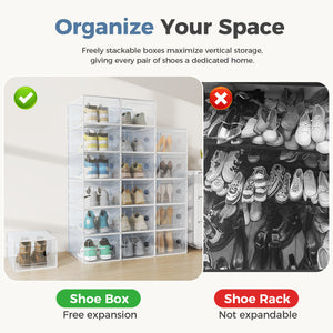 CONCETTA 12/15-Pack Shoe Box Organizer for up to US Size 9, Stackable Plastic Storage Rack for Closet Hallway Bedroom