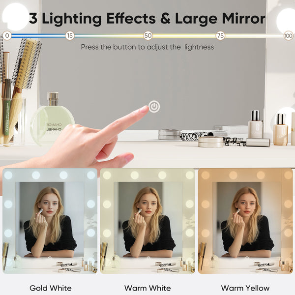 CONCETTA Modern Adult Vanity Desk 1 Piece with Mirror, Power Outlet and Lights, White Table Set
