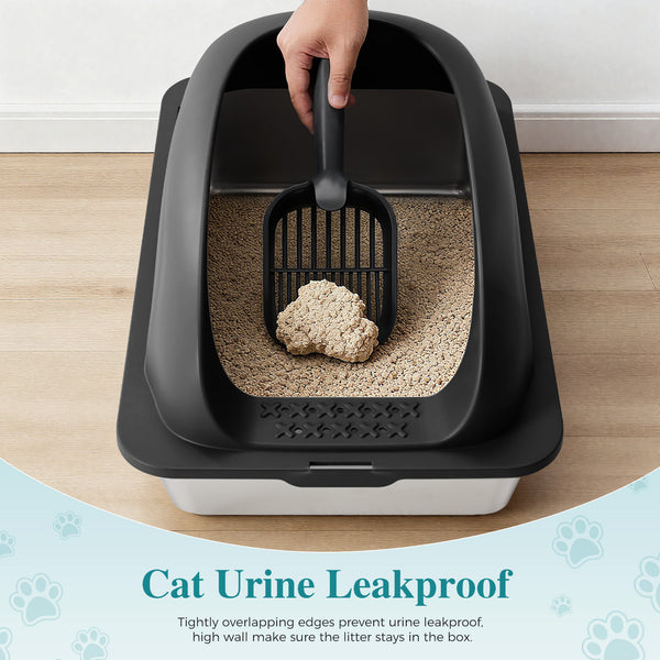 24in Stainless Steel Cat Litter Box with Lid, Large Cat Litter Box for Cats, High Wall Sides, Anti-Urine Leakage, Easy Cleaning, Scoop and Mat Included
