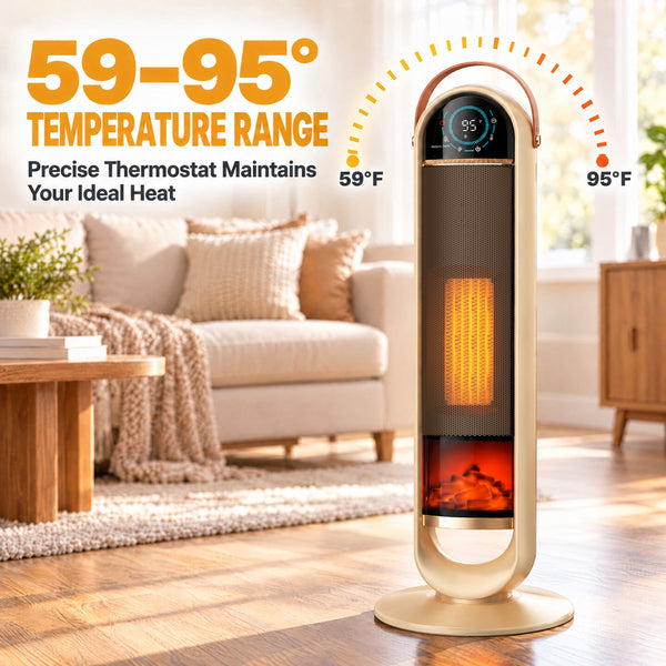 SHOUFTW 1500W Tower Space Heater for Indoor Use, Electric Heater with Static Simulated Flame, 45° Oscillation, Child Lock, Overheat & Tip-Over Safety