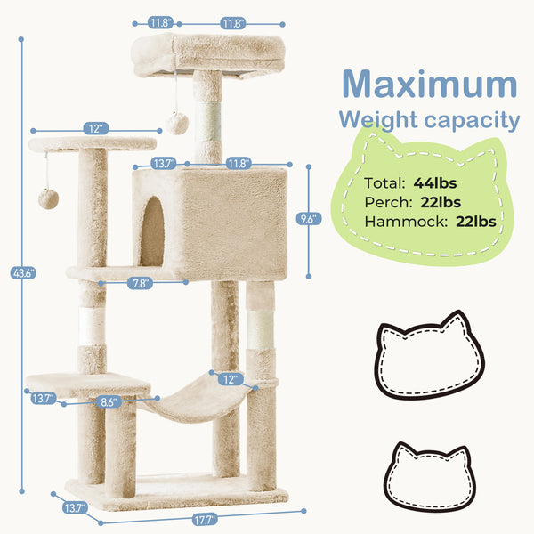 CONCETTA 44in Multi Level Cat Tree Tower,Cat Scratching Posts with Large Top Perch and Hammock