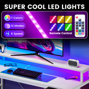CONCETTA 47 inch L-Shaped Gaming Desk - Reversible with LED Lighting, Power Outlets & Double-Tier Storage, for Home Office