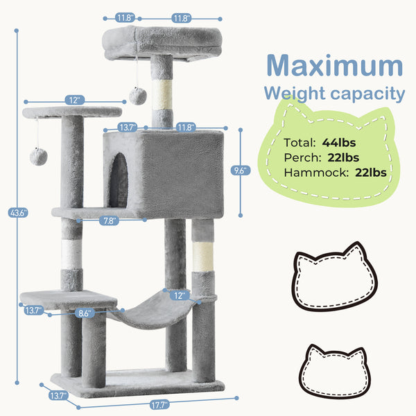 CONCETTA 44in Multi Level Cat Tree Tower,Cat Scratching Posts with Large Top Perch and Hammock