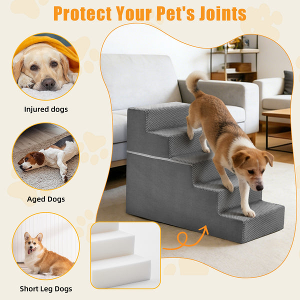 SHOUFTW Round Edge Pet Stairs Ramp, High-Density Foam Dog Cat Steps, Non-Slip Indoor Ladder for Couch, High Beds, Car, Gray