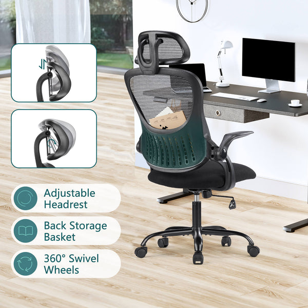 CONCETTA Ergonomic office chair - high back with wheels, adjustable headrest and flip-up armrests for bedroom, study, living room, office