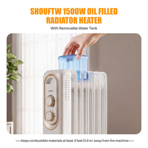 SHOUFTW 1500W Portable Oil Filled Radiator Heater with Electric Adjustable Thermostat. Automatic Power-off and Tip-Over Protection, Quiet Heating for Home
