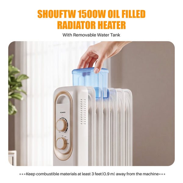 SHOUFTW 1500W Portable Oil Filled Radiator Heater with Electric Adjustable Thermostat. Automatic Power-off and Tip-Over Protection, Quiet Heating for Home