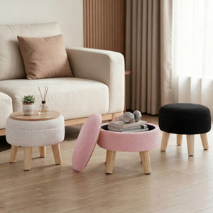 CONCETTA Round Storage Ottoman with Soft Padded Seat, Teddy Velvet Footstool with Wood Legs, Accent Ottoman for Living Room & Entryway
