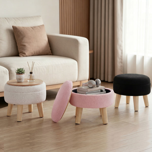 CONCETTA Round Storage Ottoman with Soft Padded Seat, Teddy Velvet Footstool with Wood Legs, Accent Ottoman for Living Room & Entryway