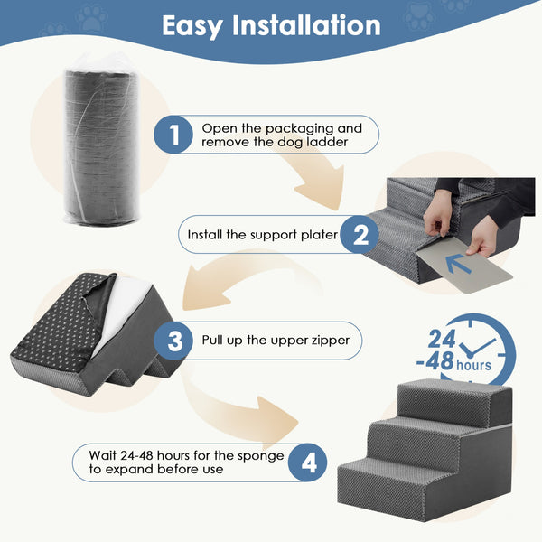 SHOUFTW Round Edge Pet Stairs Ramp, High-Density Foam Dog Cat Steps, Non-Slip Indoor Ladder for Couch, High Beds, Car, Gray