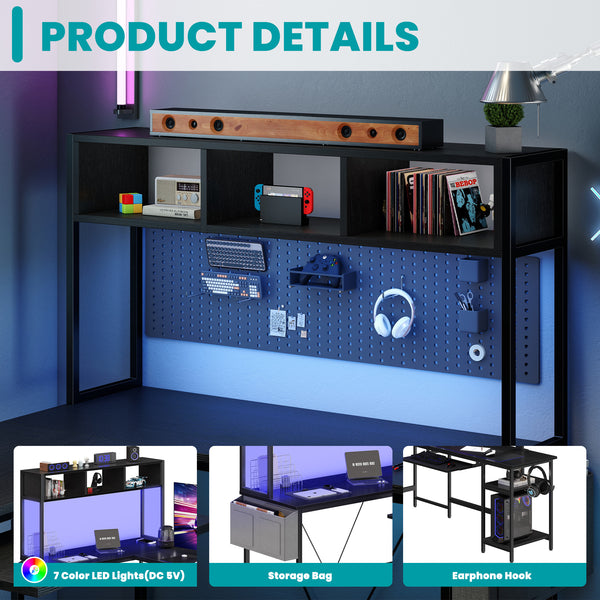 67" Reversible L-Shaped Desk with LED Lights, Power Outlets, Drawer, Keyboard Tray & Hutch