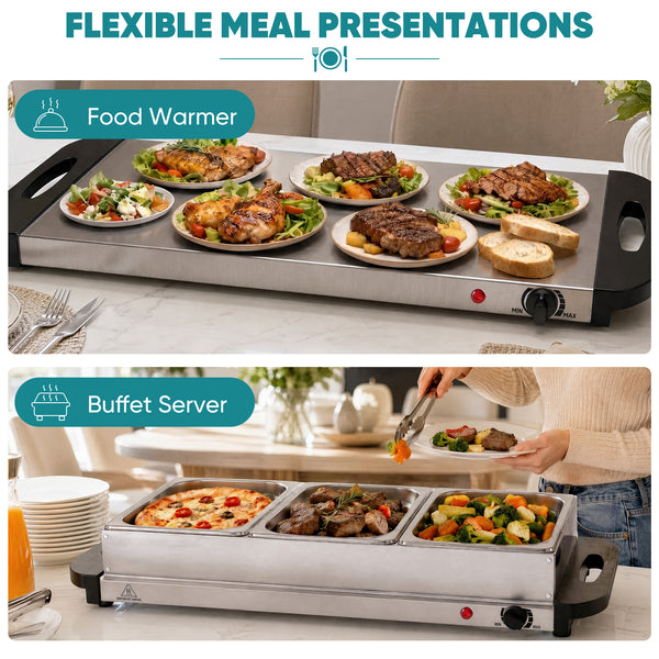 SHOUFTW Stainless Steel Electric Warming Tray, Buffet Server with Adjustable Temperature Control, Food Warmer for Parties, Holidays & Catering.