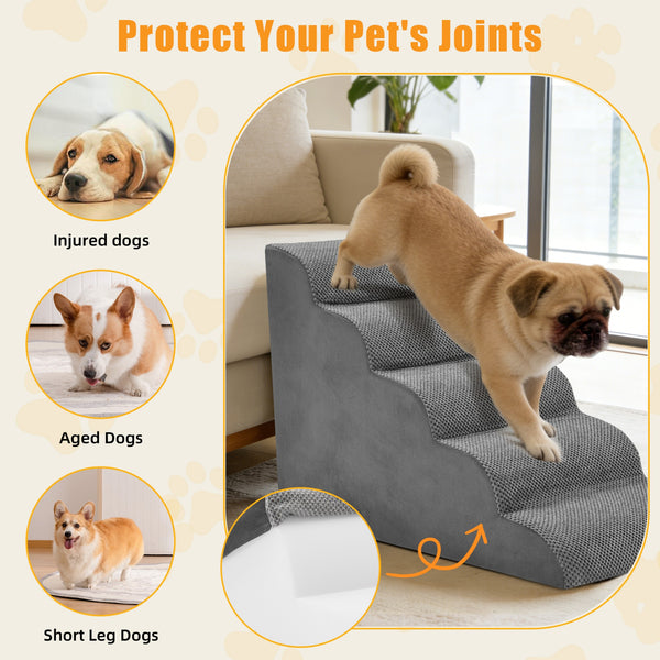SHOUFTW Round Edge Pet Stairs Ramp, High-Density Foam Dog Cat Steps, Non-Slip Indoor Ladder for Couch, High Beds, Car, Gray