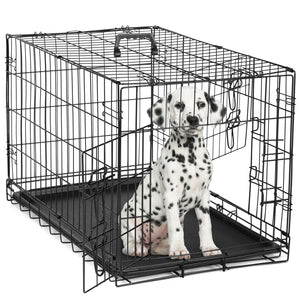 JOINSUN Dog Crate-24/30/36/42/48 inch, Double Door Dog Cage with Divider Panel and Plastic Leak-Proof Pan Tray, foldable, easy to carry, suitable for indoor, outdoor, travel use