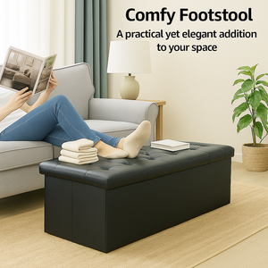 CONCETTA 43" Storage Ottoman – Foldable Faux Leather Stool with Storage, 660 lb Capacity, for Bedroom, Living Room, Entryway, Black