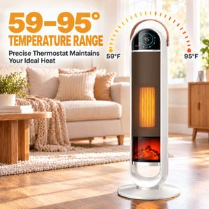 SHOUFTW 1500W Tower Space Heater for Indoor Use, Electric Heater with Static Simulated Flame, 45° Oscillation, Child Lock, Overheat & Tip-Over Safety