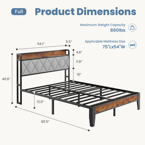 CONCETTA Full Size Heavy Duty Metal Bed Frame, Storage Headboard with Charging Station, Noise Free, No Spring Box Required, 880lbs Capacity