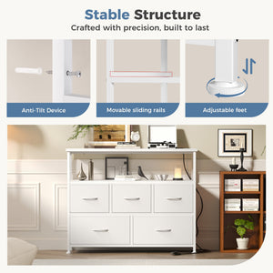 CONCETTA 39.3'' 5 Drawer Dresser with Charging Station, Fabric Storage Chest of Drawers for Bedroom, Living Room, Entryway