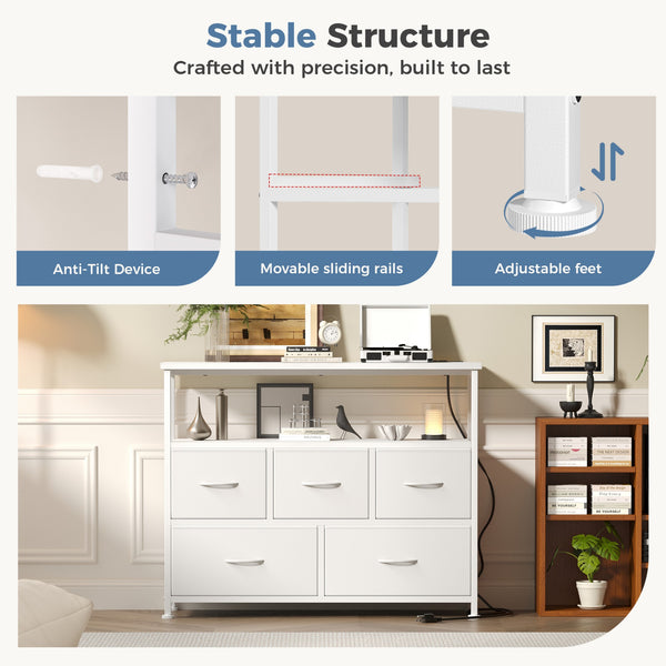 CONCETTA 39.3'' 5 Drawer Dresser with Charging Station, Fabric Storage Chest of Drawers for Bedroom, Living Room, Entryway