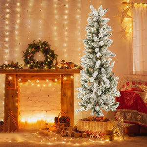 Artificial Full Christmas Tree, Flocked Snow Trees with Pine Cone Decoration, Includes Stand, Incandescent Lights & Foldable Base for Home, Office, Party