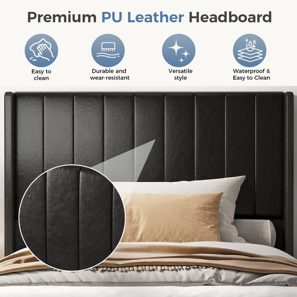 CONCETTA Full Size Bed Frame with Wingback PU Upholstered Headboard and Wooden Slats Support, No Box Spring Needed, Easy Assembly, Black