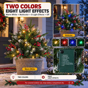 SHOUFTW Pre-Lit Frosted Artificial Christmas Urn Filler, Small Xmas Tree with 50 Warm Lights, Pine Cones & Red Berries for Indoor Outdoor Holiday Decor