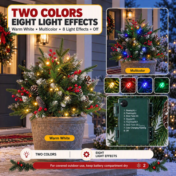 SHOUFTW Pre-Lit Frosted Artificial Christmas Urn Filler, Small Xmas Tree with 50 Warm Lights, Pine Cones & Red Berries for Indoor Outdoor Holiday Decor