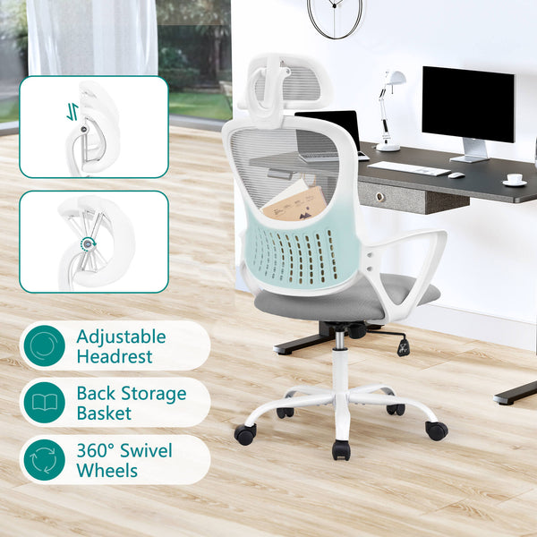CONCETTA Ergonomic office chair - high back with wheels, adjustable headrest and flip-up armrests for bedroom, study, living room, office