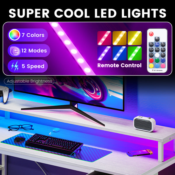 CONCETTA 53 inch L-Shaped Gaming Desk, Reversible Design with LED Lighting, Power Outlets and Double-Tier Storage, White for Home Office