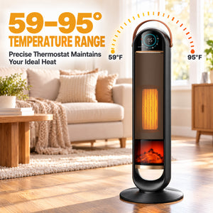 SHOUFTW 1500W Tower Space Heater for Indoor Use, Electric Heater with Static Simulated Flame, 45° Oscillation, Child Lock, Overheat & Tip-Over Safety