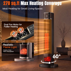 CONCETTA 1500W 32" Tower Space Heater, Portable Electric Flame Heater with Remote, 4 Modes Settings, Low Noise, 60°Oscillation & 15H Timer for Indoor Use