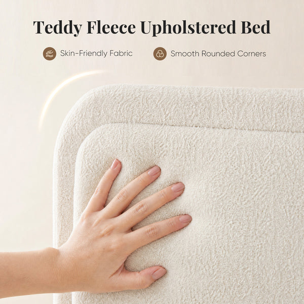 CONCETTA Bed Frame with Boucle Upholstery, Modern Platform Bed with Headboard, Soft Rounded Corners, No Box Spring Needed, Easy Assembly, White