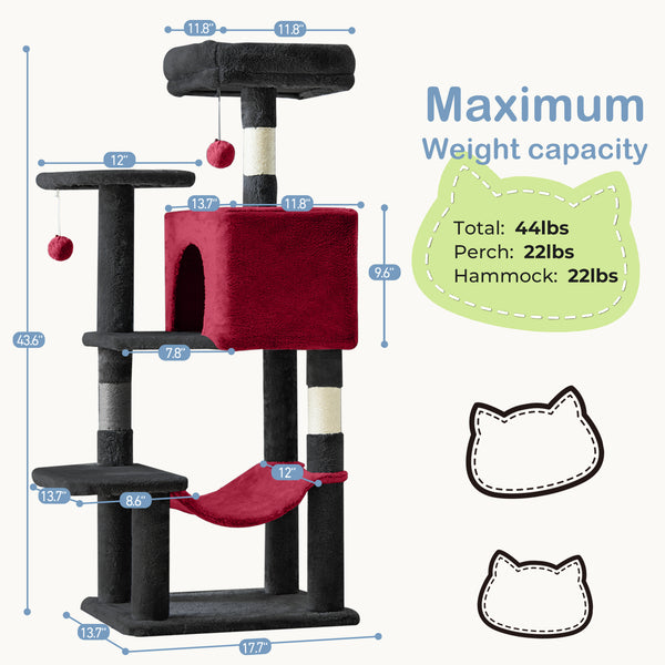 CONCETTA 44in Multi Level Cat Tree Tower,Cat Scratching Posts with Large Top Perch and Hammock