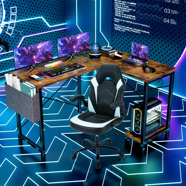 CONCETTA L-Shaped Computer Desk - 50" Corner Gaming Table with Console Shelf and Side Storage Pocket for Office, Bedroom, Living Room