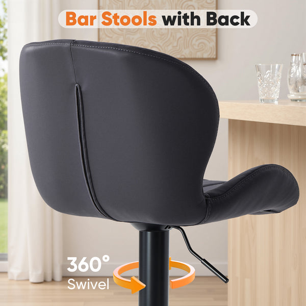 CONCETTA Set of 2 Swivel Bar Stools - Adjustable Height Modern Fabric Upholstered Barstools Counter Bar Chairs with Backrest for Kitchen Island & Home Bar