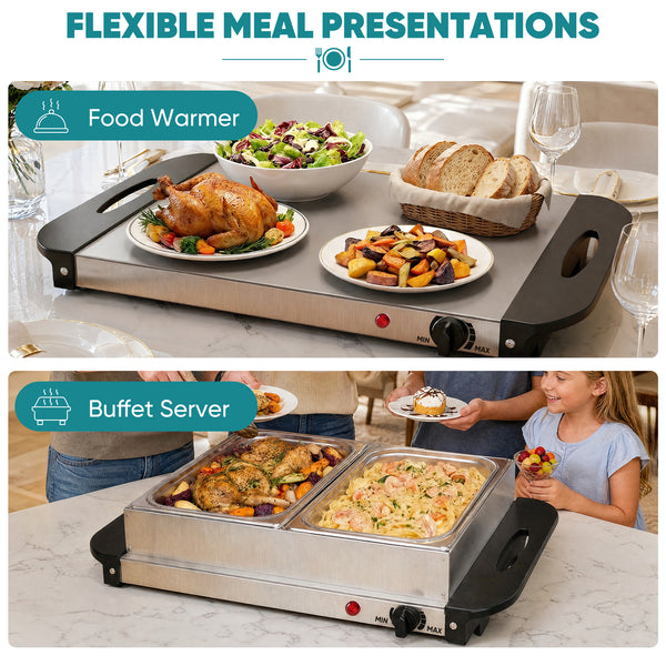 SHOUFTW Stainless Steel Electric Warming Tray, Buffet Server with Adjustable Temperature Control, Food Warmer for Parties, Holidays & Catering.