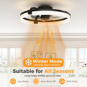 SHOUFTW Ceiling Fan, Caged Ceiling Fans with Lights, Farmhouse Low Profile Fandelier with Remote, Flush Mount for Bedroom, Living Room, Kitchen, 6 Wind Speeds