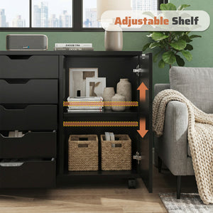 CONCETTA 5-Drawer Wood Storage Cabinet for Office & Home, Mobile Lateral Filing Cabinet, Printer Stand Cabinet with Adjustable Shelf, Wheels with Breaker