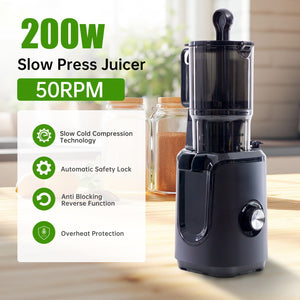 Cold Press Slow Juicer with 4.25" Wide Feed Chute, 200W High-Yield Juicer for Whole Fruits & Vegetables