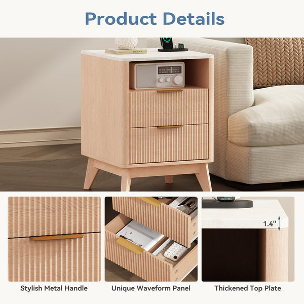 CONCETTA Fluted Nightstand with Charging Station, Faux Marble Top Bedside Table with 2 Drawers and Open Shelf for Bedroom, Living Room