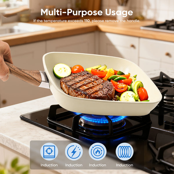 CONCETTA Non-stick Cookware Set, square frying pan, wooden handle, suitable for indoor and outdoor camping and RV cooking, beige and black