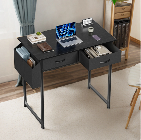 Small Desk with Fabric Drawers and Storage Shelves, 32 inch for Adult, Black