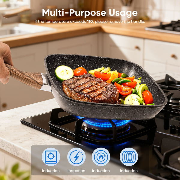 CONCETTA Non-stick Cookware Set, square frying pan, wooden handle, suitable for indoor and outdoor camping and RV cooking, beige and black